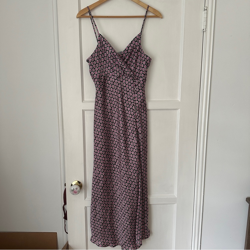 Zara Spaghetti Strap Satin Silk Floral Pink Print Midi dress w slit L Large